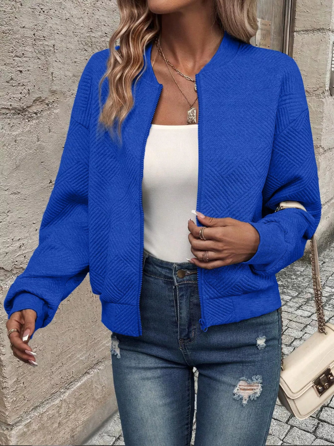 Zip-Up Textured Long Sleeve Jacket