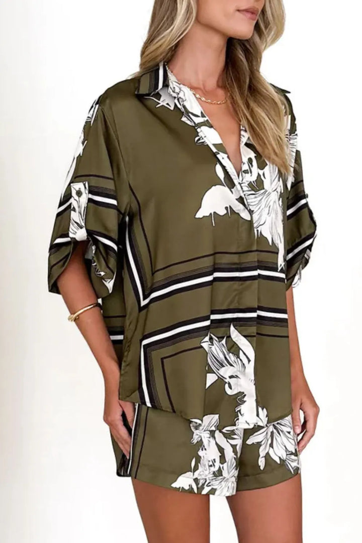 Printed Collared Neck Top and Shorts Set