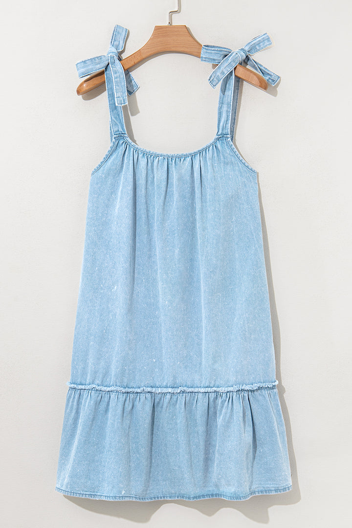 Beau Blue Washed Denim Tied Straps Sleeveless Mini Dress