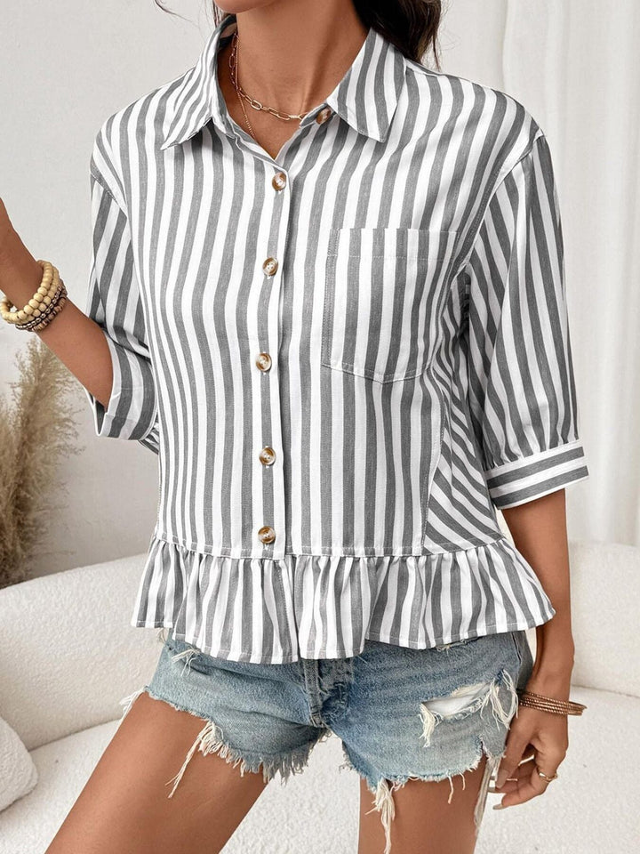 Striped Ruffle Hem Button-Down Shirt