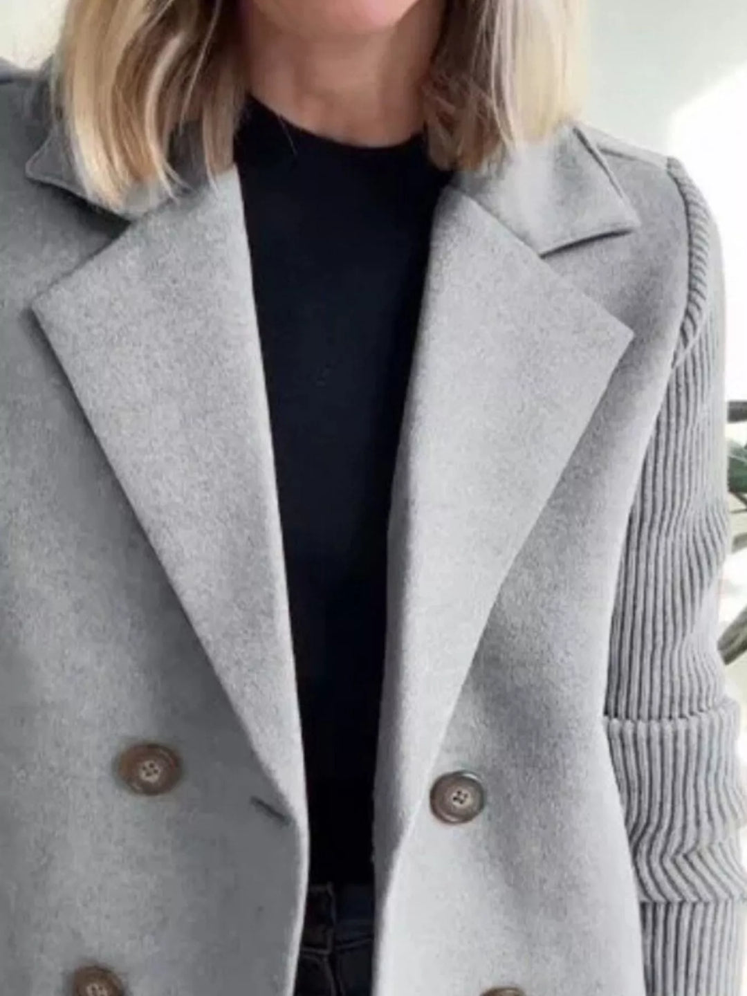 Full Size Knitted Sleeve Wool Blend Double-Breasted Blazer Plus Size