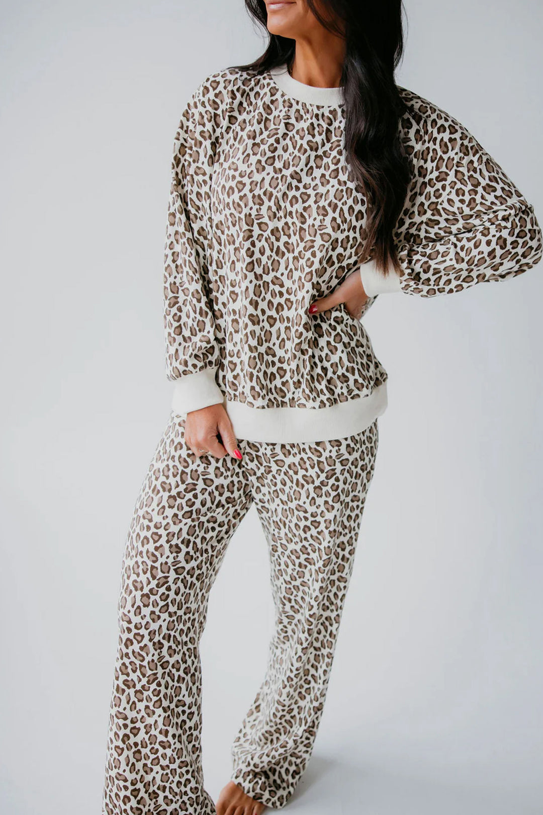 Khaki Leopard Print Embroidery Colorblock Details Pant Set