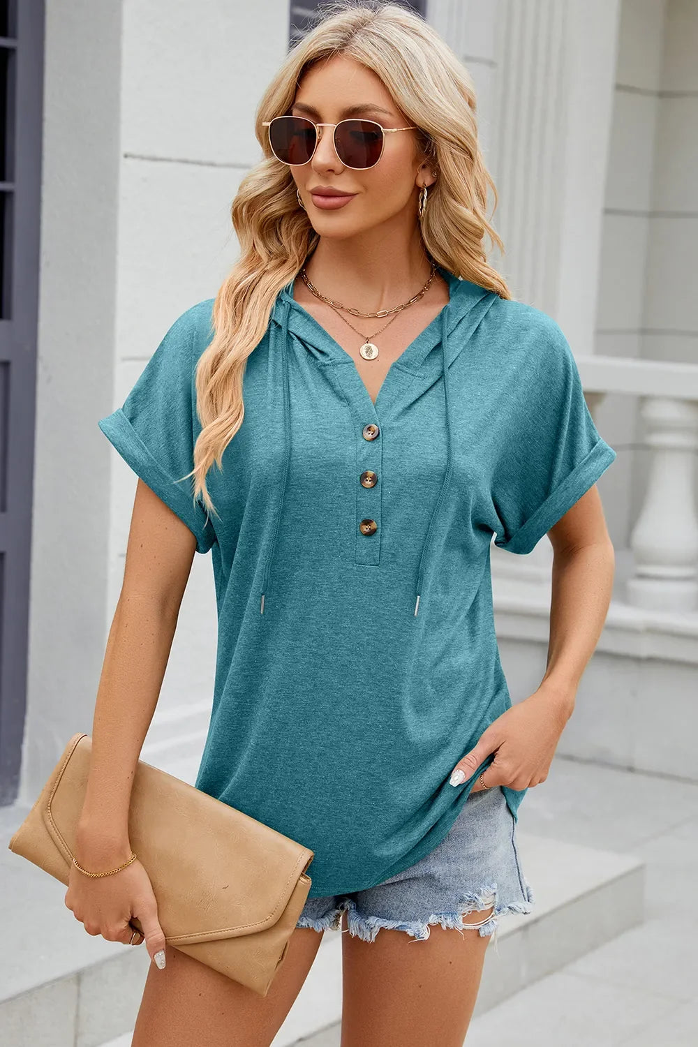 Half Button Drawstring Short Sleeve Hooded T-Shirt