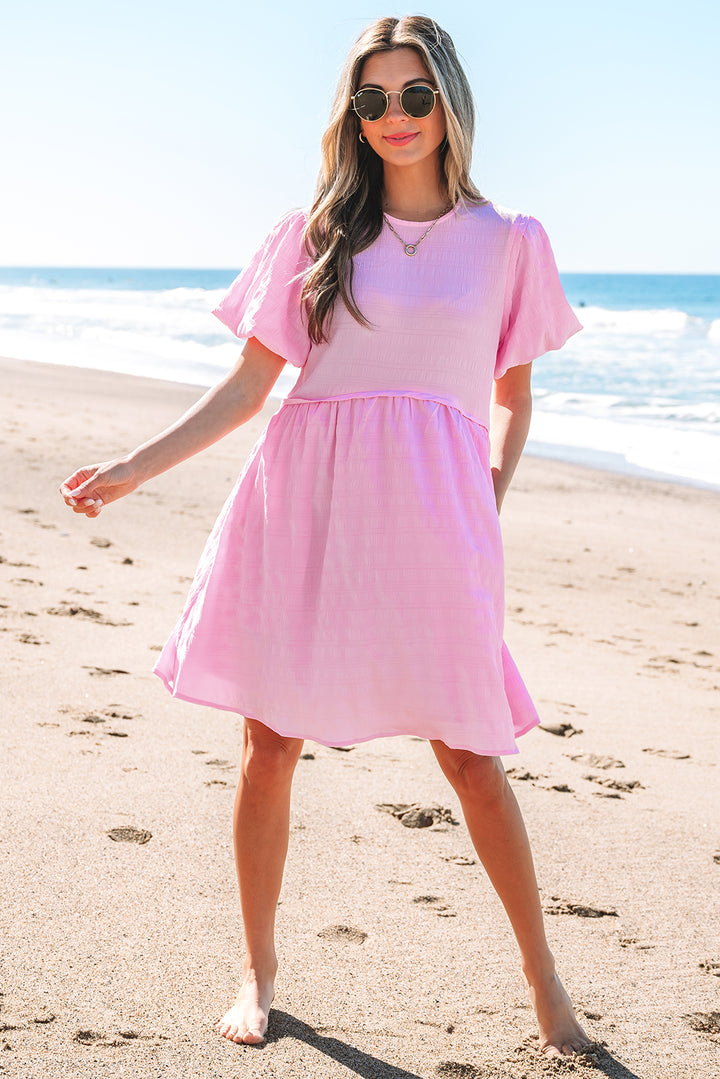 Bonbon Textured Bubble Sleeve High Waist Mini Dress
