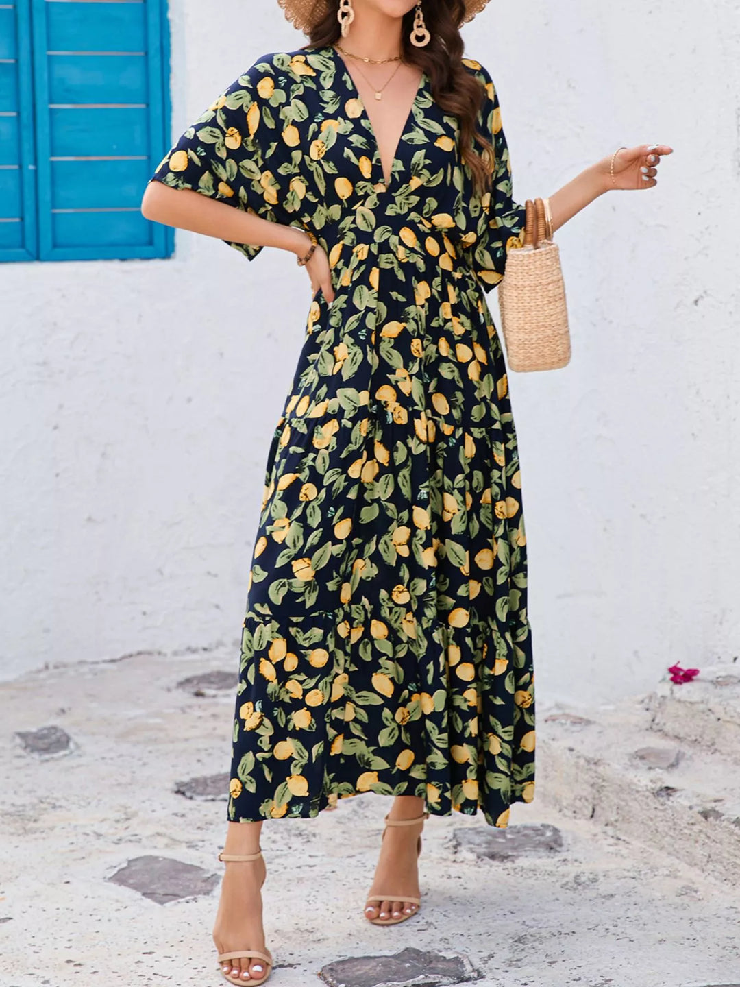 Printed V-Neck Ruffle Hem Flowy Midi Dress
