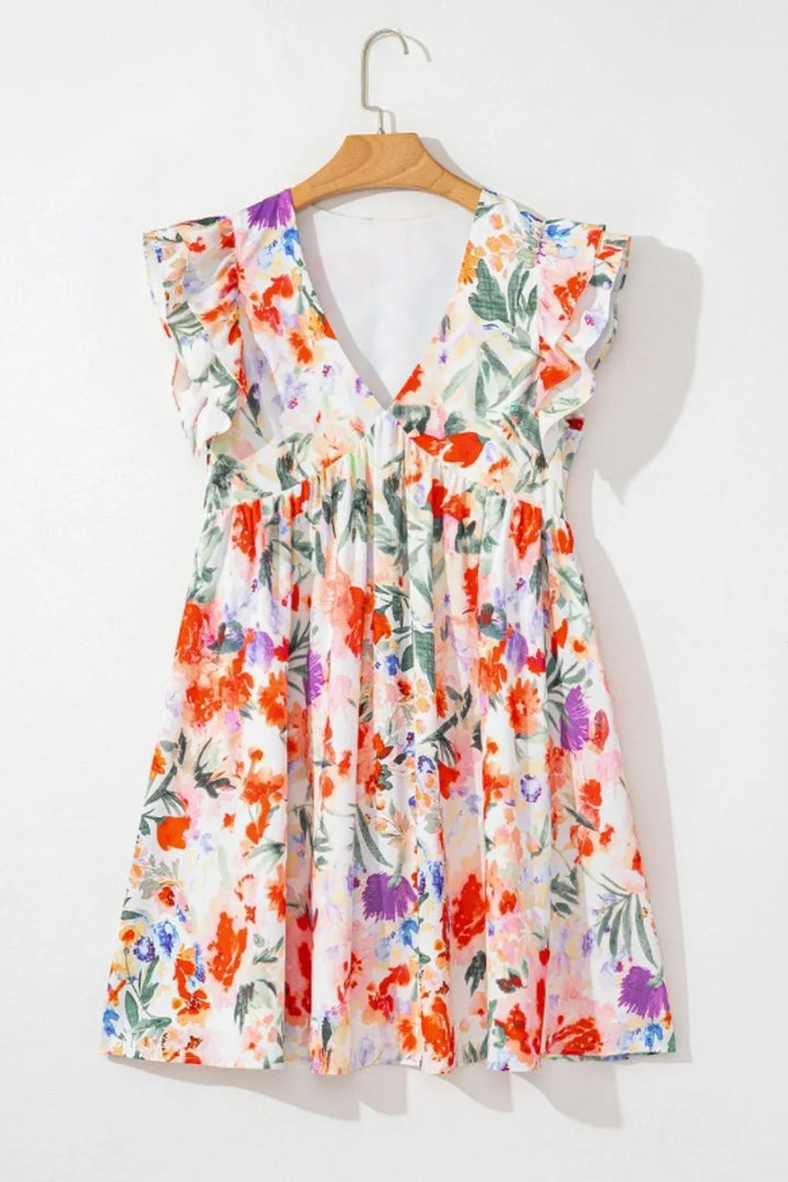 Floral Double Ruffle Sleeve V Neck Mini Dress