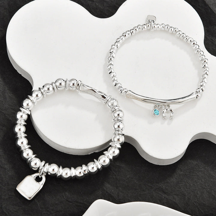3Pcs Stackable Twisted Silver Bead Bracelet Set For Women, Zircon Horseshoe Charm Open Cuff Bangles, Minimal Cold Style Daily Fashion Jewelry
