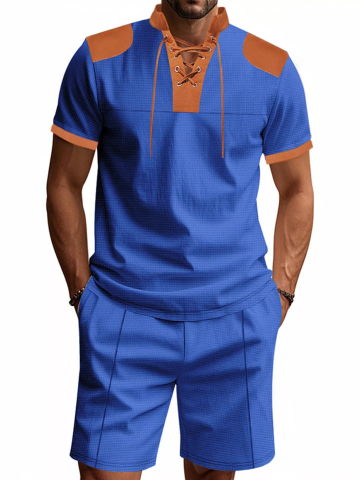 Men's Full Size Lace-Up Collar Casual Top and Shorts Set Plus Size