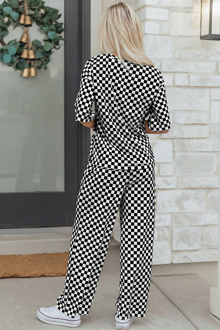 Black Checkered Print Half Sleeve Tee 2pcs Lounge Pant Set