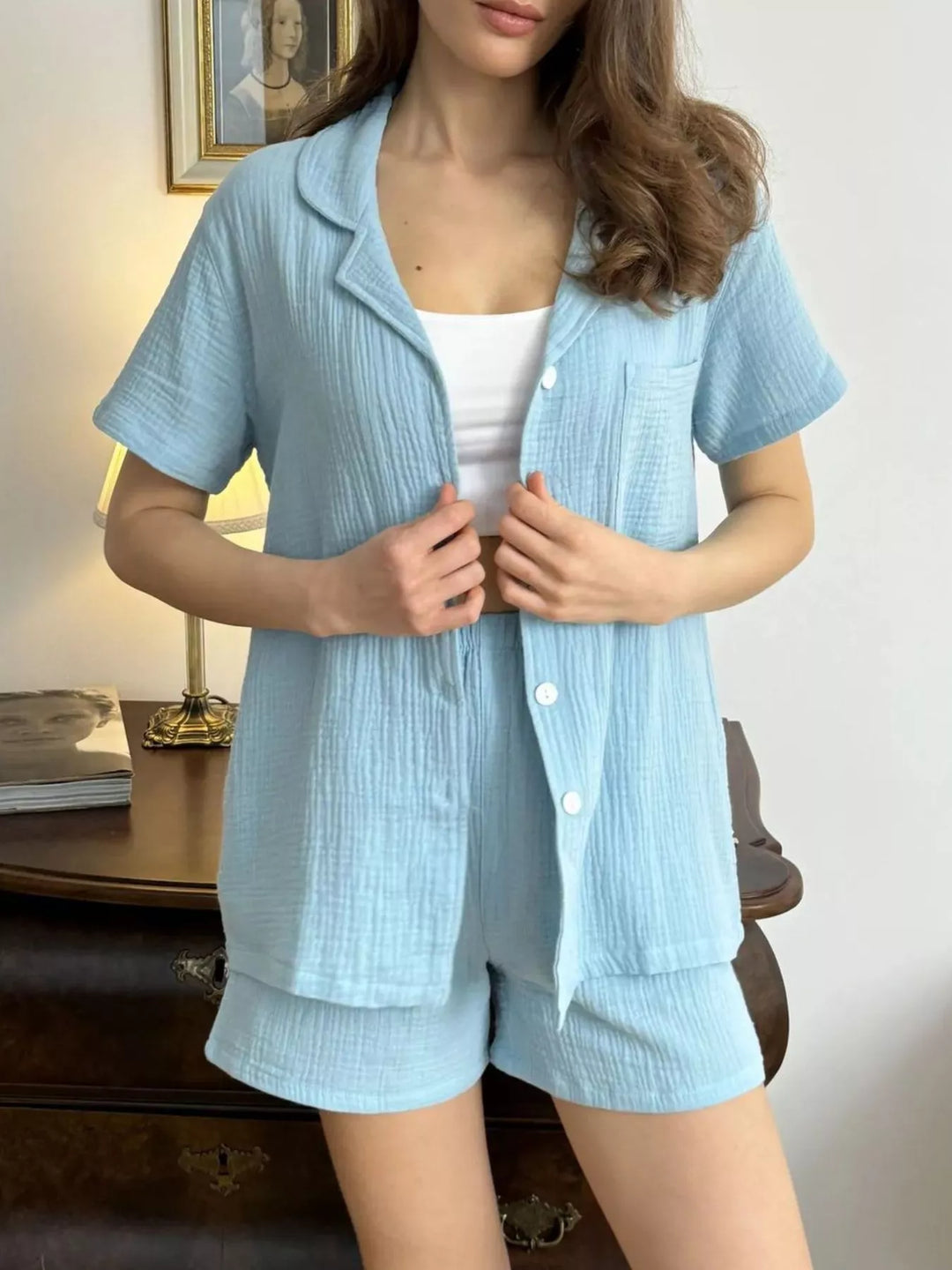 Button Up Short Sleeve Shirt and Shorts Set