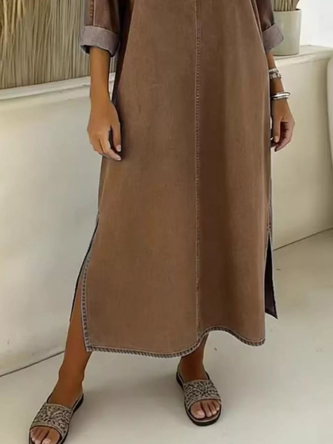 Side Slit V-Neck Midi Dress
