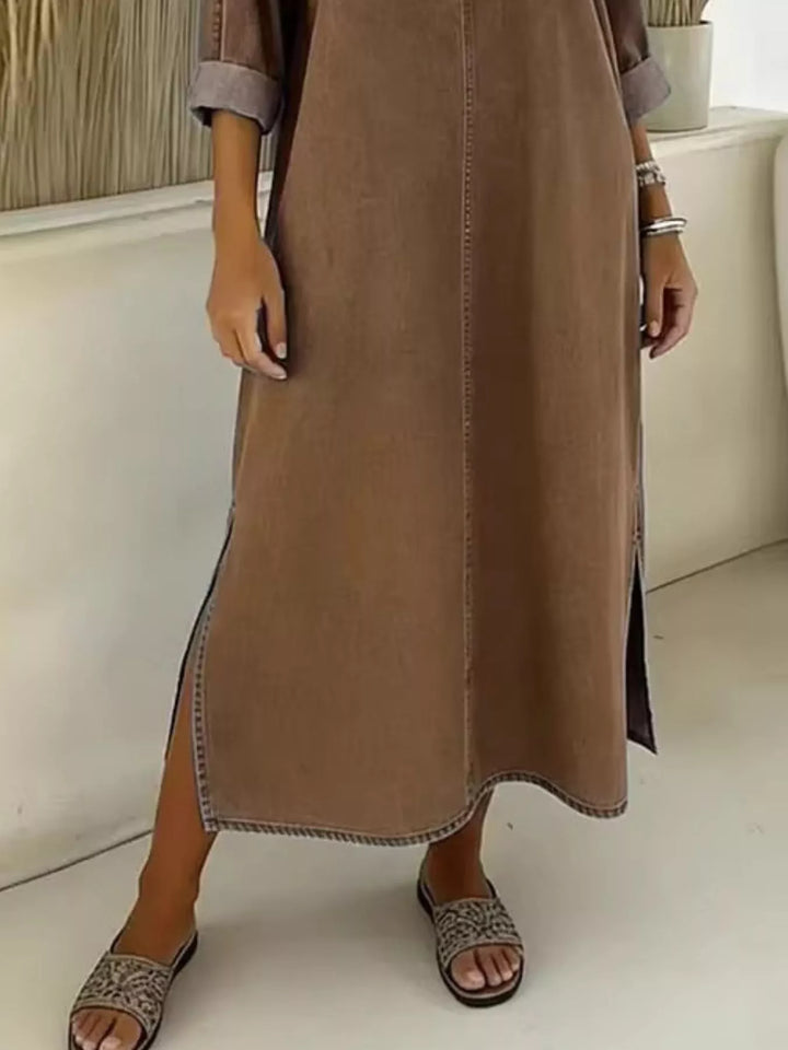 Side Slit V-Neck Midi Dress