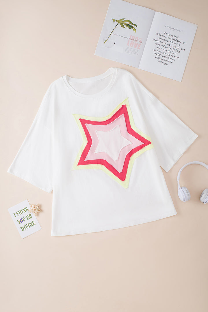 T-shirt oversize à manches mi-longues et patchs étoiles colorblock blanc