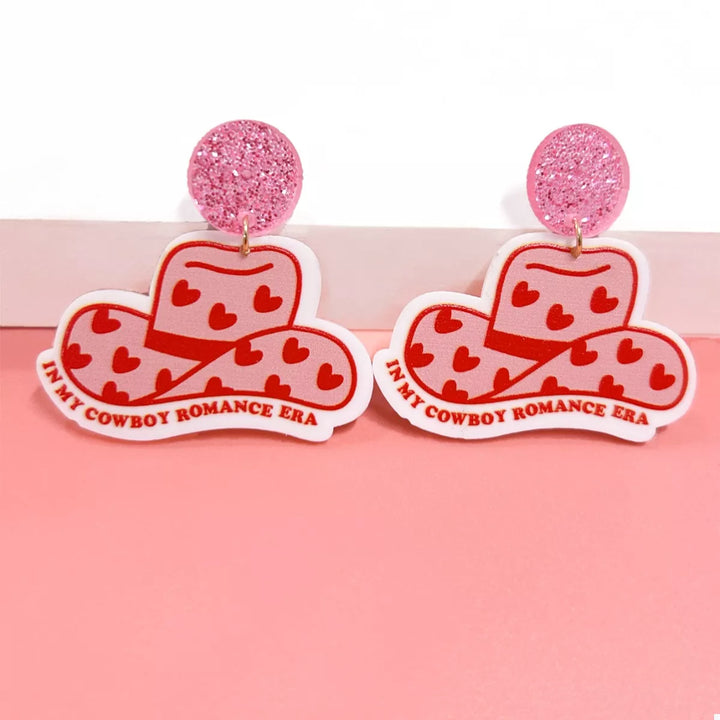 Cowboy Hat Dangle Earrings with Heart Accents