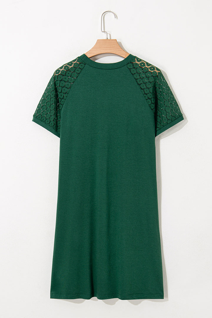 Green Contrast Lace Raglan Sleeve Pleated Detail Shift Dress
