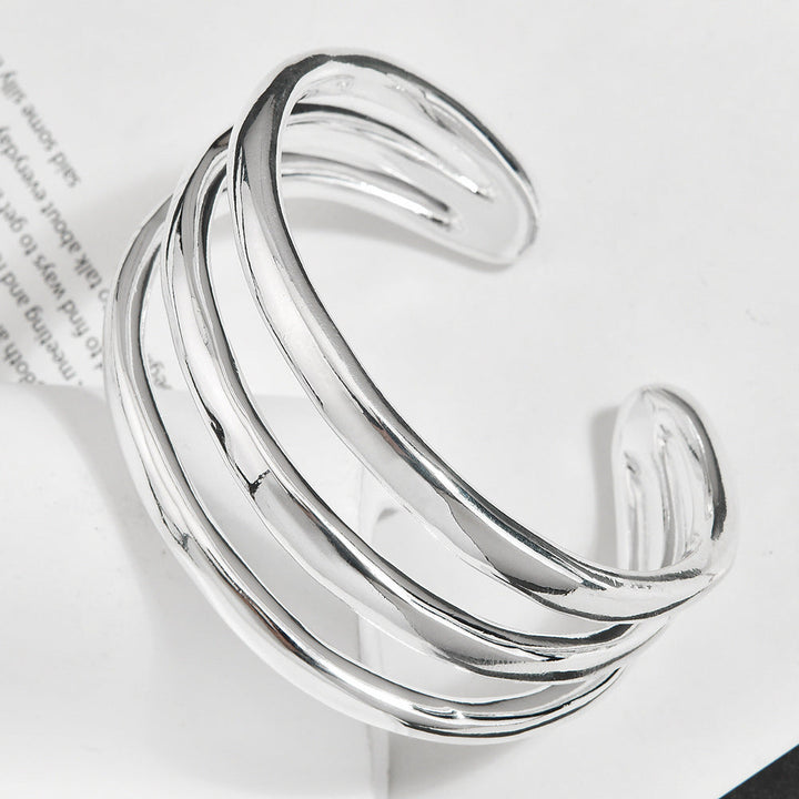 Triple Layer Spiral Open Cuff Bracelet, Polished Silver Minimal Sculptural Bangle, Quiet Luxury European Spanish Women Jewelry