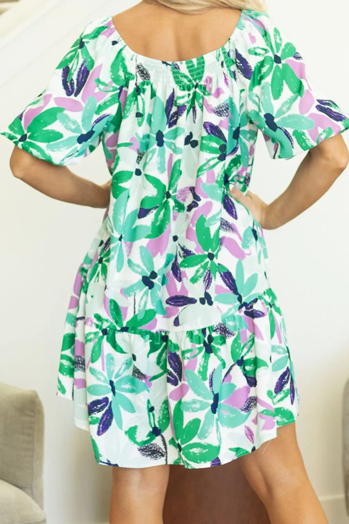 Floral Print Shirred Square Neck Loose Fit Mini Dress