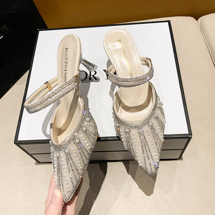 Women Pearl Rhinestone Pointed Toe High Heel Slippers, 2026 New Korean Fairy Style Thin Heel Single Strap Sandals For Outdoor Wear