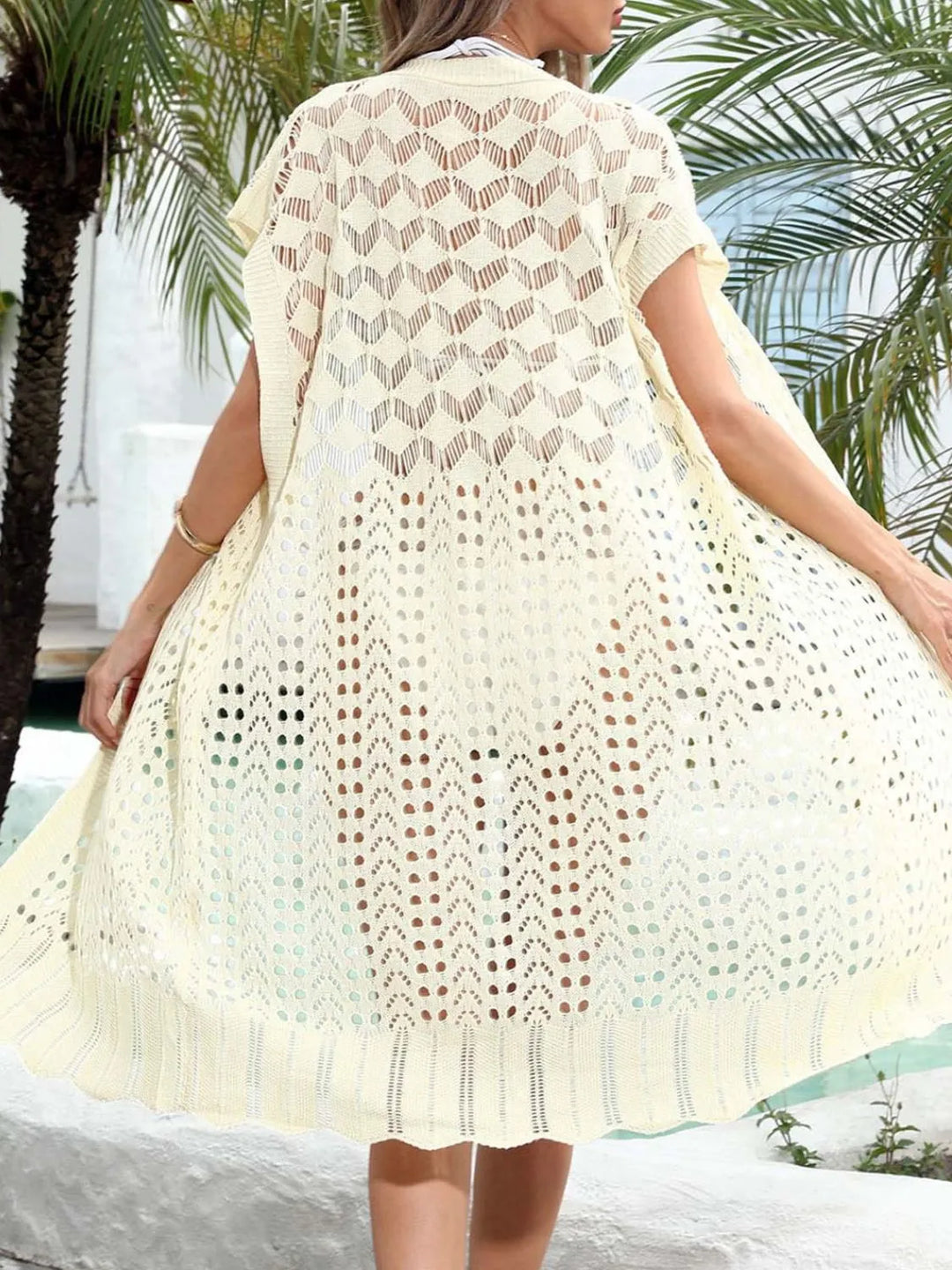 Open Front Short Sleeve Openwork Cover-Up