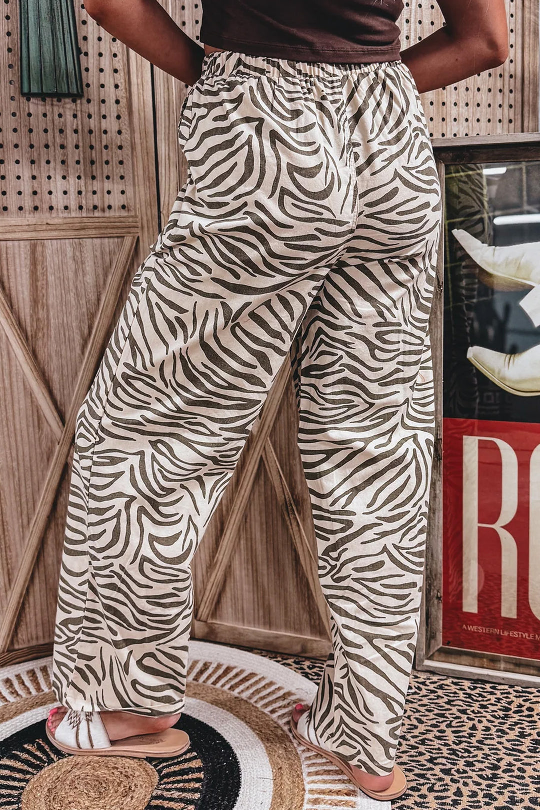 Multicolour Western Print Zebra Pattern Elastic Waist Pocket Full-Length Pants
