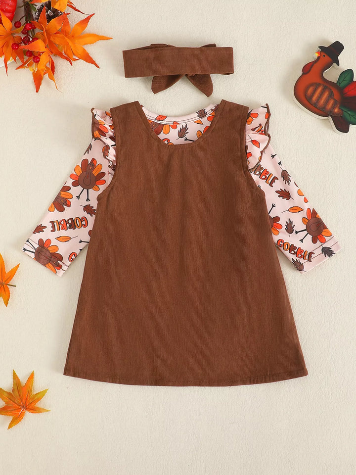 Children's Long Sleeve Bodysuit & Thanksgiving Turkey Dress Set with Headband