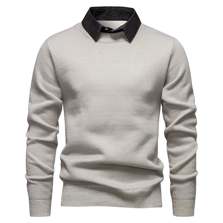 Mens Faux Two-piece Base-layer Knit Casual Shirt-collar Sweater