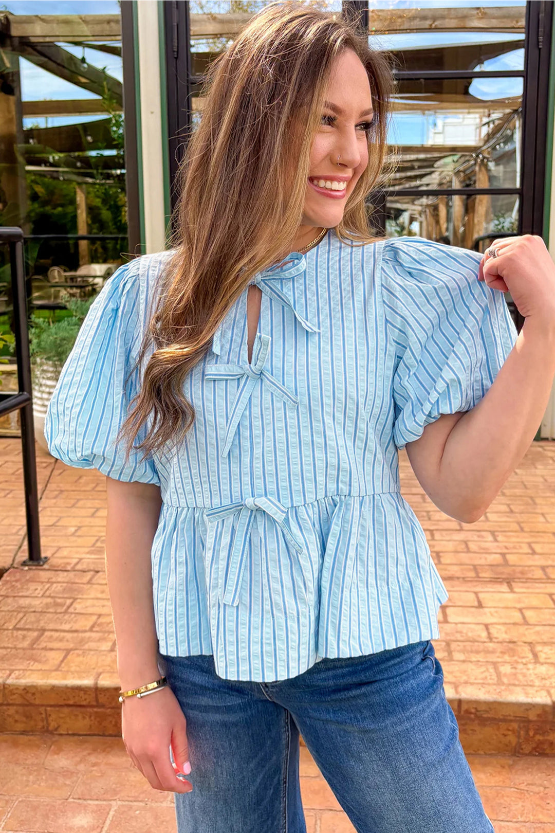 Sky Blue Stripe Bow Knot Textured Short Puff Sleeve Babydoll Blouse