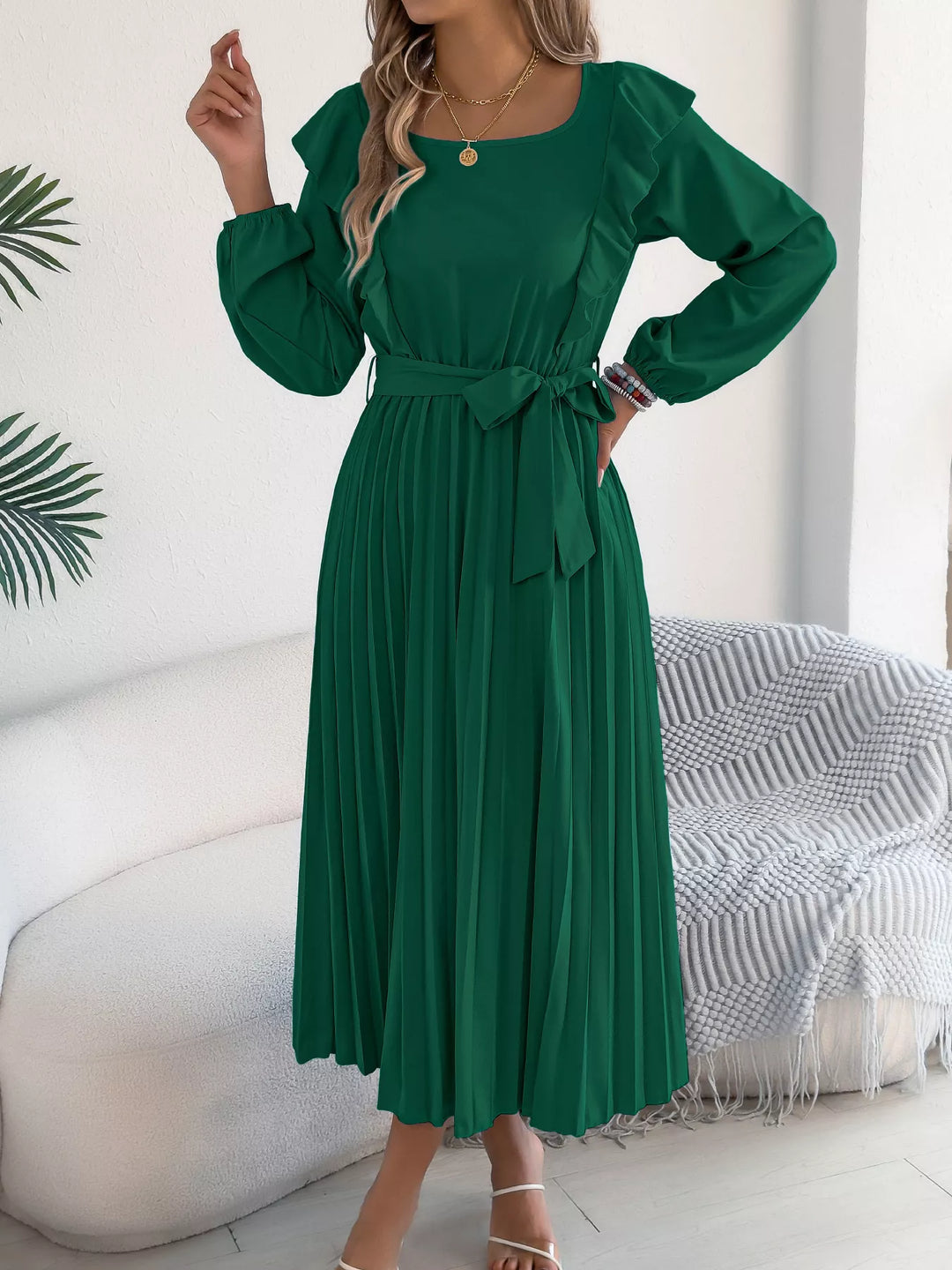 Ruffle Trim Pleated A-Line Midi Dress