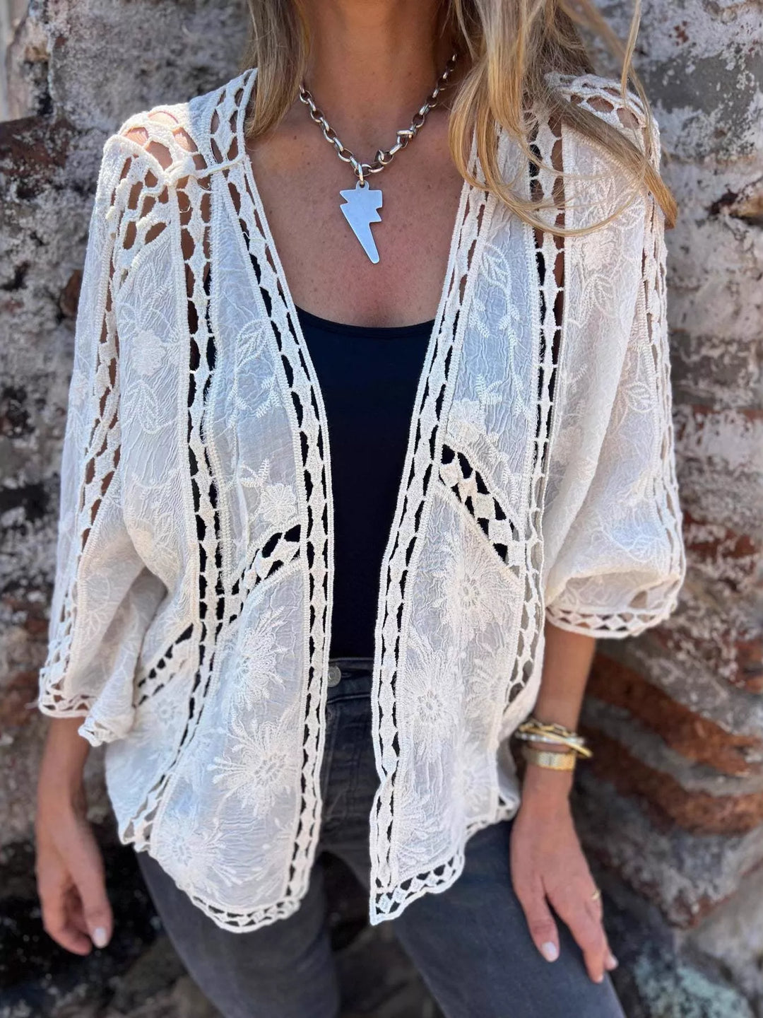 Full Size Embroidered Open Front Cardigan Plus Size