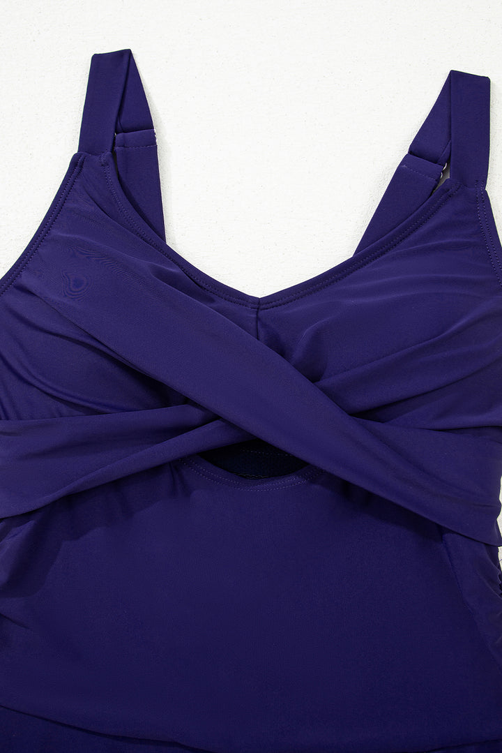 Navy Blue Adjustable Straps Cutout Ruched Knot Slit One Piece Swim Dress