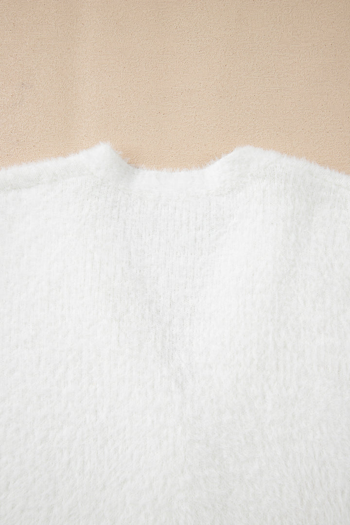 White Fuzzy Buttoned Front Midi Solid Cardigan