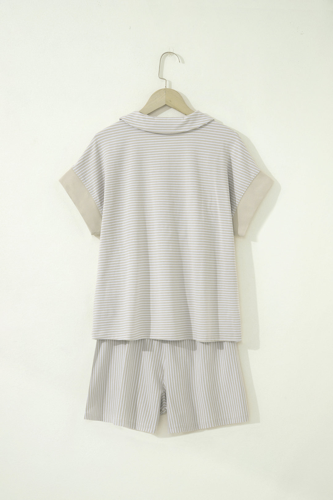 Khaki Stripe Dolman Sleeve Polo Shirt and Drawstring Shorts Set