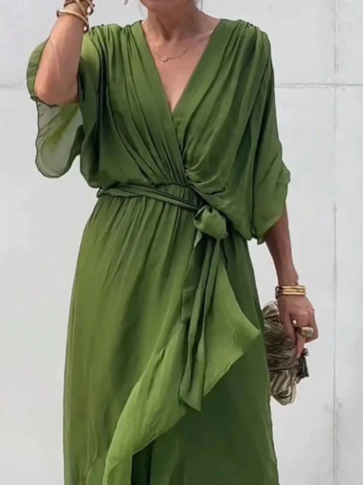 Full Size Flowy Tie Front Midi Dress with Flutter Sleeves Plus Size