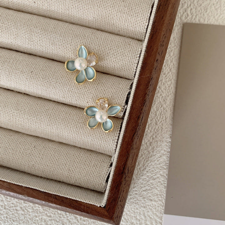 Blue Dripping-Oil Flower Freshwater Pearl Stud Earrings For Women
