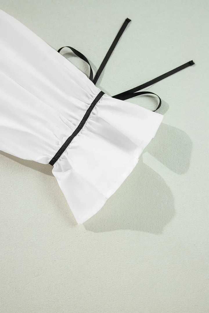 Ribbon Bowtie Collared Neck Flounce Sleeve Shirt