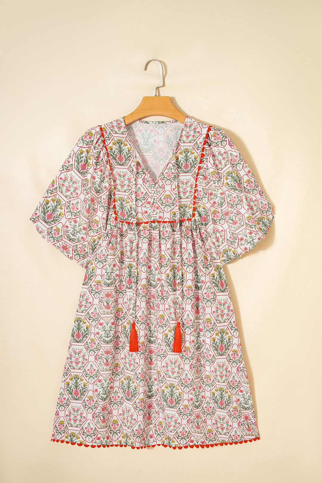 Pink Floral Print Tassel Tie V Neck Scalloped Detail Loose Mini Dress