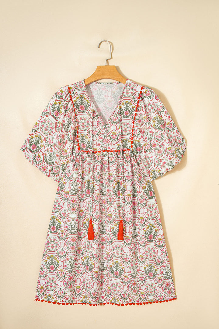 Pink Floral Print Tassel Tie V Neck Scalloped Detail Loose Mini Dress
