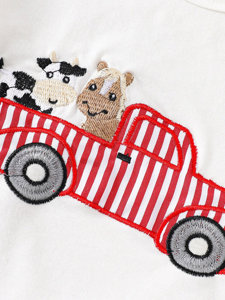 Children's Cartoon Tractor Embroidered Tee and Shorts Set