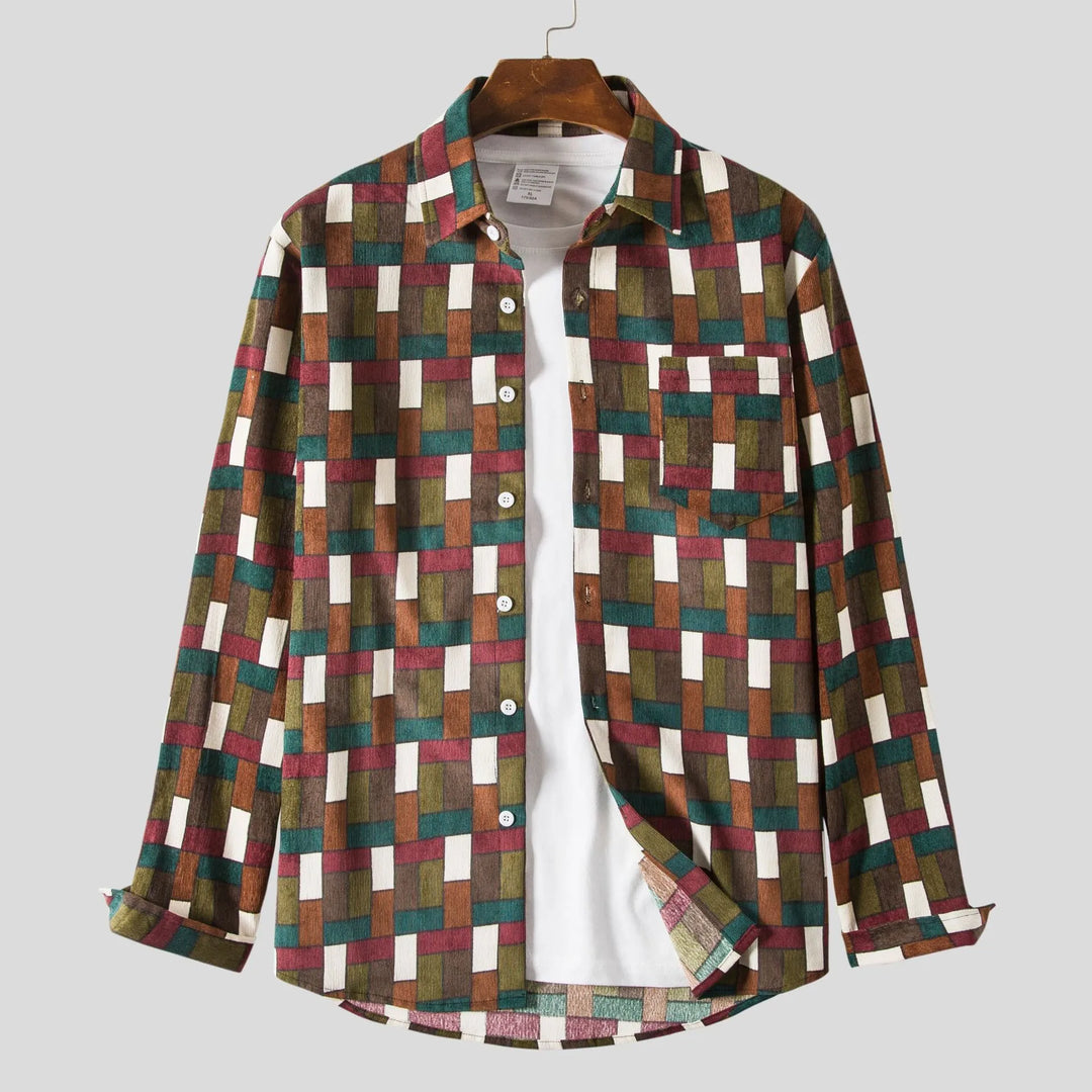 Men's Plus Size Geometric Checkered Casual Button-Up Shirt
