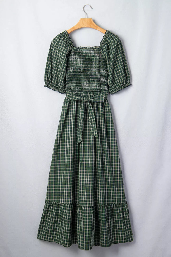 Plaid Square Neck Shirred High Waist Ruffle Hem Maxi Dress