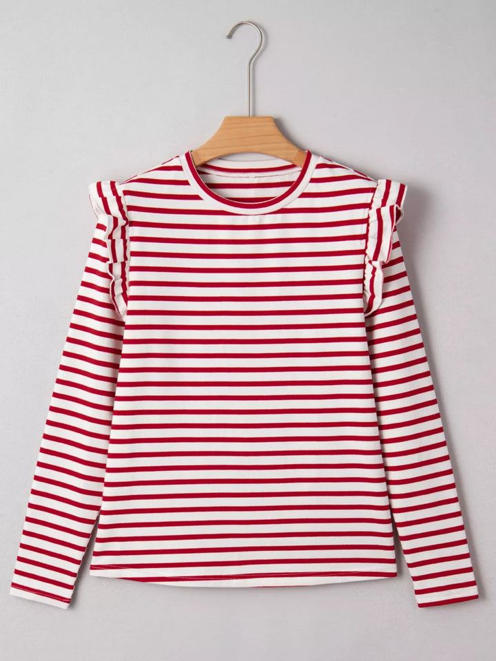 Stripe Round Neck Ruffle Trim Long Sleeve Top