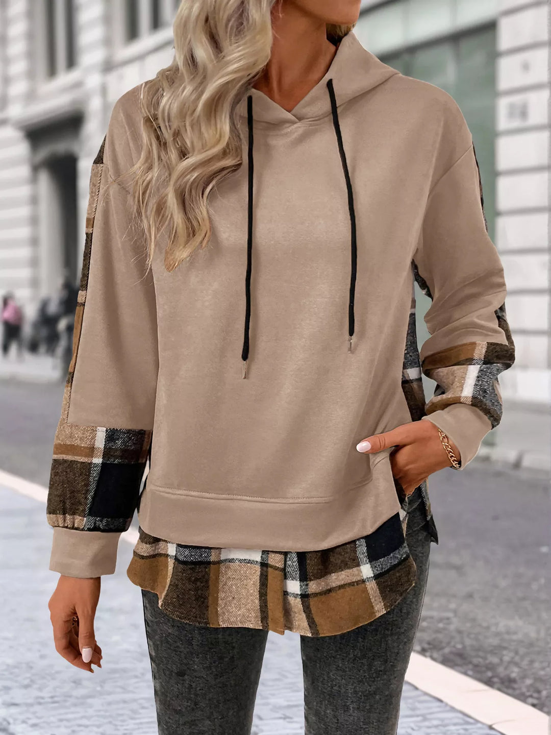 Plaid Drawstring Long Sleeve Hoodie