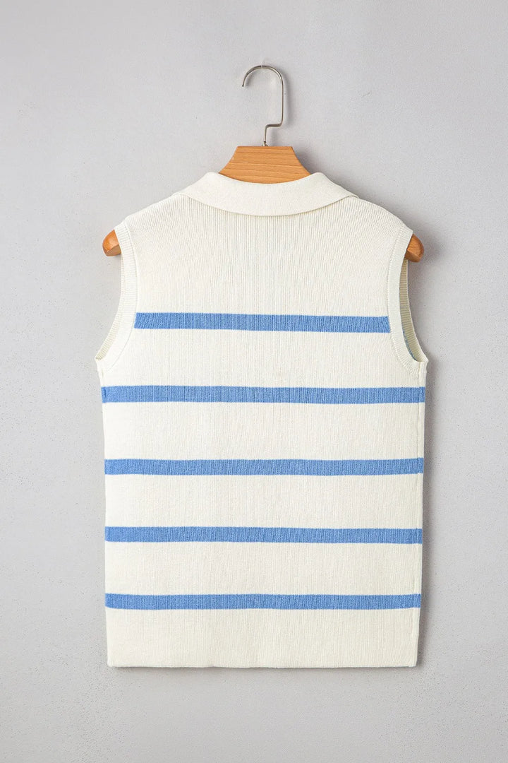 Stripe Split V Neck Collared Ribbed Sweater Vest