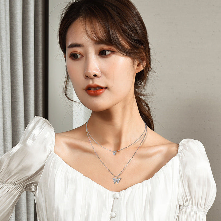 Double Layer Zircon Butterfly Necklace For Women, Dainty Stacked Collarbone Chain, Adjustable Long Sweater Chain Minimal Fashion Jewelry