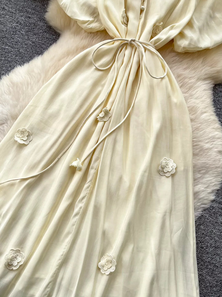 Floral Decor Tie Waist Puff Sleeve Dress