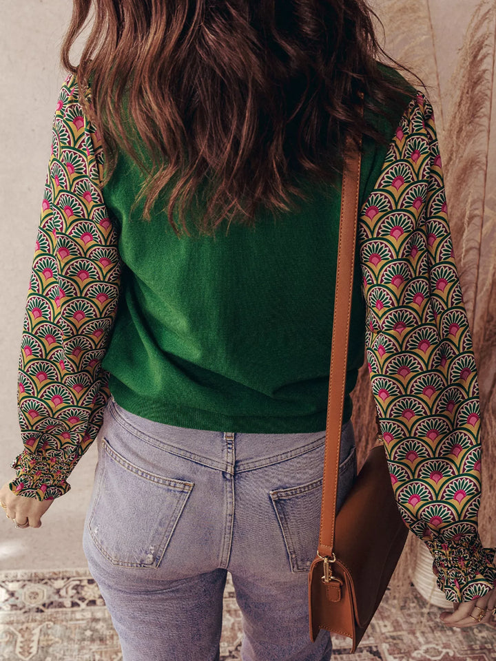 Floral Patchwork Shirred Cuff Puff Sleeve Knit Top