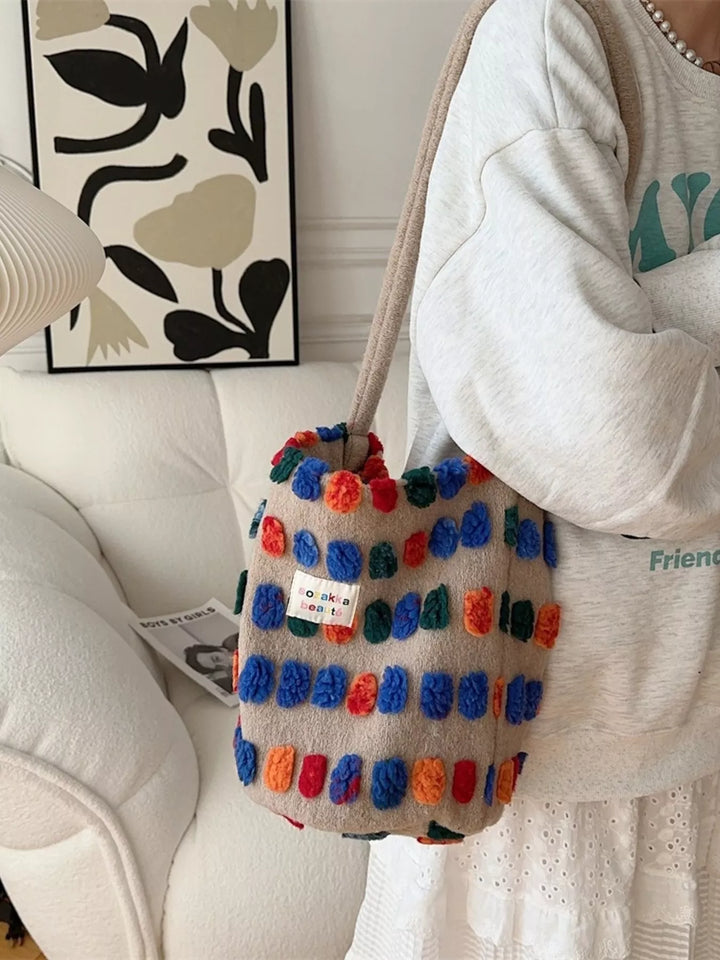 Colorful Pom-Pom Plush Crossbody Bag