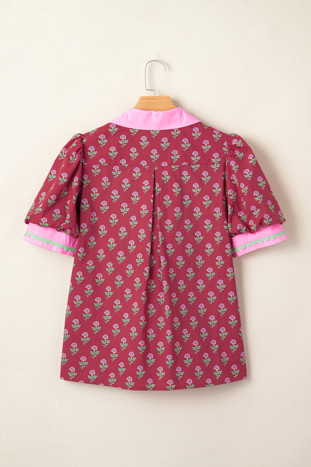 Red Contrast Collared V Neck Ricrac Trim Short Puff Sleeve Flower Blouse