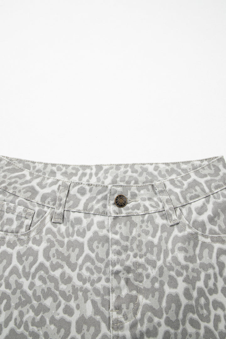 Gray Leopard Frayed Edge Wide Leg High Waist Jeans