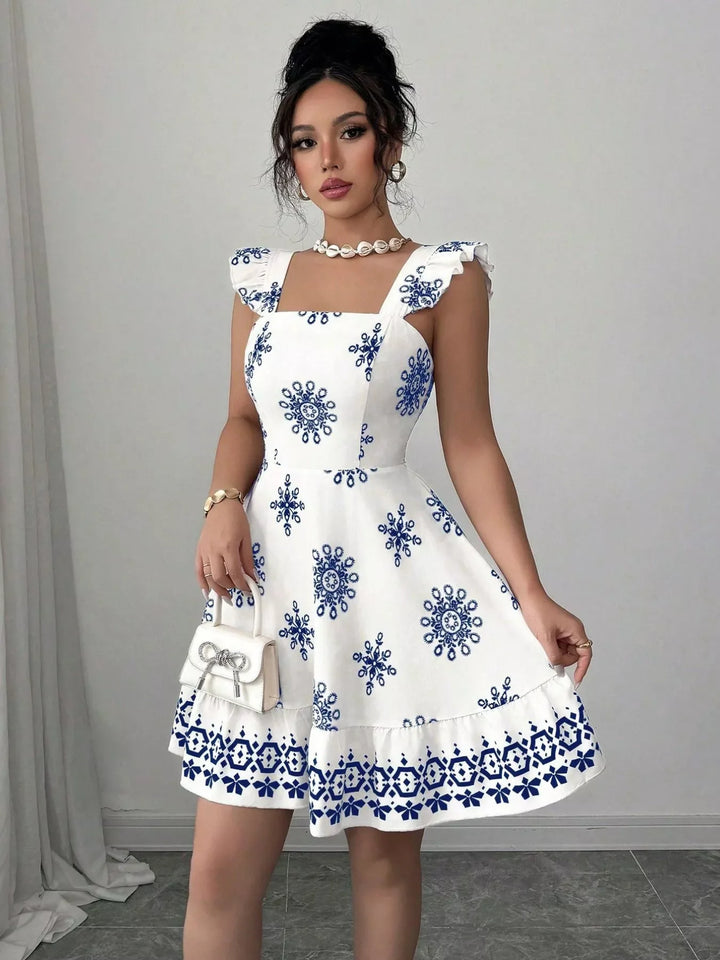 Printed Bow Back Square Neck Mini Dress